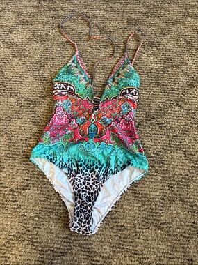 Vibrant Printed One-Piece Swimsuit in Turquoise and Pink